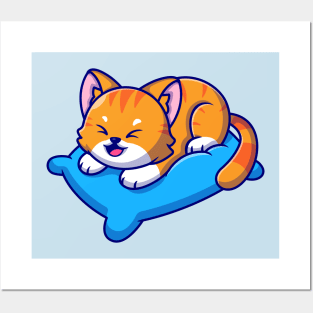 Cute Cat Playing On Pillow Cartoon Posters and Art